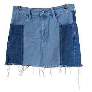 Patchwork Denim Mini Skirt With Frayed Hem boho cottagecore street wear y2k
